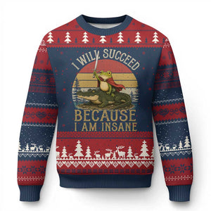 I Will Succeed Because I Am Insane Funny Frog Riding Alligator Ugly Christmas Sweater