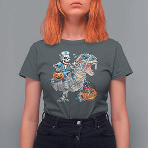 Funny Halloween Nurse T Shirt For Women Skeleton Nurse Riding Mummy Dinosaur Pumpkin Candy TS11 Dark Heather Print Your Wear