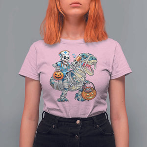 Funny Halloween Nurse T Shirt For Women Skeleton Nurse Riding Mummy Dinosaur Pumpkin Candy TS11 Light Pink Print Your Wear
