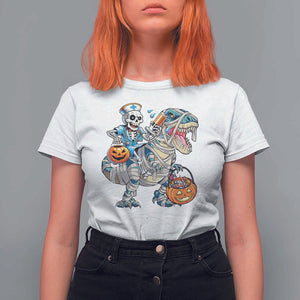 Funny Halloween Nurse T Shirt For Women Skeleton Nurse Riding Mummy Dinosaur Pumpkin Candy TS11 White Print Your Wear