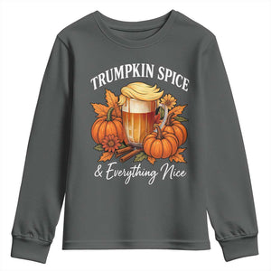 Funny Fall Season Trump Youth Sweatshirt Trumpkin Spice And Everything Nice Pumpkin TS11 Dark Heather Print Your Wear