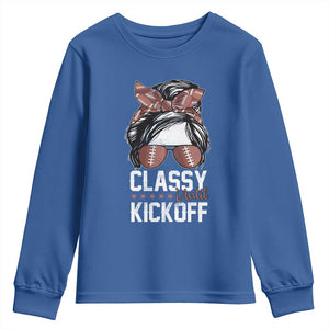 Funny Classy Until Kickoff Youth Sweatshirt American Football Game Day Messy Bun TS11 Royal Blue Print Your Wear