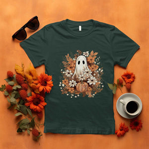 Halloween Ghost T Shirt Vintage Floral Pumpkin Glitter Print TS11 Dark Forest Green Print Your Wear