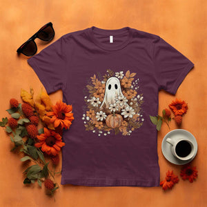 Halloween Ghost T Shirt Vintage Floral Pumpkin Glitter Print TS11 Maroon Print Your Wear