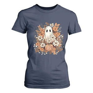 Halloween Ghost T Shirt For Women Vintage Floral Pumpkin Glitter Print TS11 Navy Print Your Wear