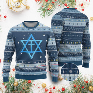Messianic Cross Star of David Yeshua Jesus Hanukkah Ugly Sweater TS11 Navy Light Blue Print Your Wear