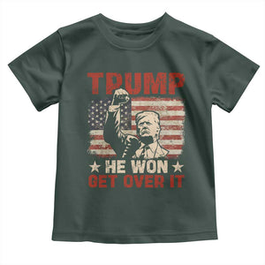 Trump Won 2024 Baby Shirt He Won Get Over It Vintage American Flag TS11 Dark Forest Green Print Your Wear
