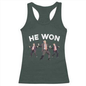 Funny Trump He Won 2024 Racerback Tank Top Trump Dances The 47th US President TS11 Dark Forest Green Print Your Wear