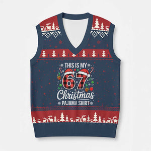 This Is My 67 Xmas Pajama V-Neck Knit Sweater Vest Six Seven Meme Xmas TS11 Navy Red Print Your Wear