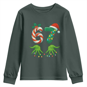 Funny Six Seven Christmas 67 Meme Gen Alpha Slang Elf Hands Youth Sweatshirt TS11 Dark Forest Green Print Your Wear