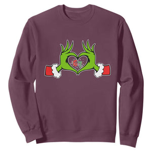Funny Six Seven Christmas 67 Meme Gen Alpha Elf Heart Hands Sweatshirt TS11 Maroon Print Your Wear