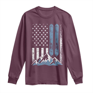 Funny Snowboarding Long Sleeve Shirt Vintage American Flag Snowboard Winter Sport TS11 Maroon Print Your Wear