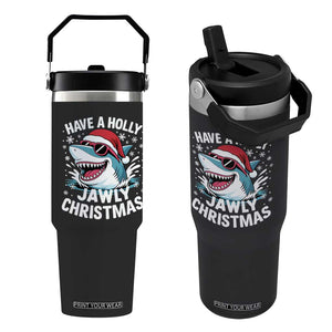 Funny Xmas Shark Flip Straw Tumbler Have A Holly Jawly Christmas Santa Hat - Print Your Wear