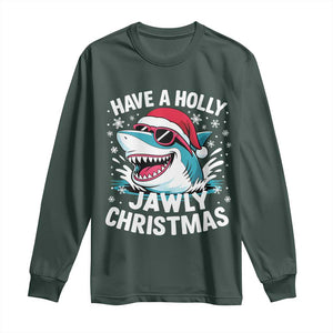 Funny Xmas Shark Long Sleeve Shirt Have A Holly Jawly Christmas Santa Hat TS11 Dark Forest Green Print Your Wear