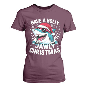Funny Xmas Shark T Shirt For Women Have A Holly Jawly Christmas Santa Hat TS11 Maroon Print Your Wear