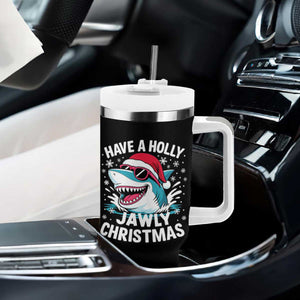 Funny Xmas Shark Tumbler With Handle Have A Holly Jawly Christmas Santa Hat - Print Your Wear