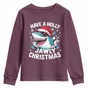 Funny Xmas Shark Youth Sweatshirt Have A Holly Jawly Christmas Santa Hat TS11 Maroon Print Your Wear