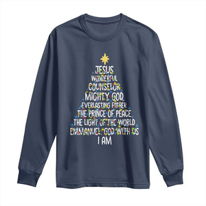 Christian Christmas Long Sleeve Shirt Jesus Wonderful Counselor Mighty God Xmas Tree TS11 Navy Print Your Wear