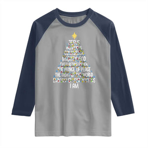 Christian Christmas Raglan Shirt Jesus Wonderful Counselor Mighty God Xmas Tree TS11 Sport Gray Navy Print Your Wear