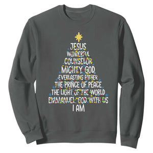Christian Christmas Sweatshirt Jesus Wonderful Counselor Mighty God Xmas Tree TS11 Dark Heather Print Your Wear