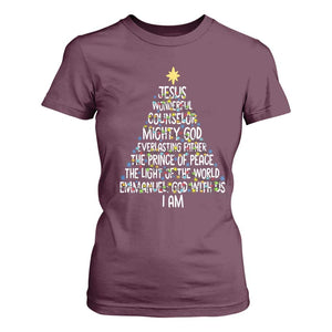 Christian Christmas T Shirt For Women Jesus Wonderful Counselor Mighty God Xmas Tree TS11 Maroon Print Your Wear