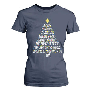 Christian Christmas T Shirt For Women Jesus Wonderful Counselor Mighty God Xmas Tree TS11 Navy Print Your Wear