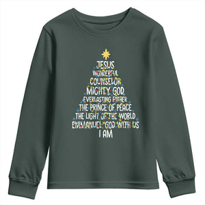 Christian Christmas Youth Sweatshirt Jesus Wonderful Counselor Mighty God Xmas Tree TS11 Dark Forest Green Print Your Wear