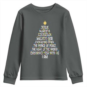 Christian Christmas Youth Sweatshirt Jesus Wonderful Counselor Mighty God Xmas Tree TS11 Dark Heather Print Your Wear