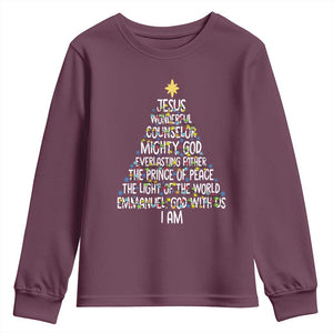 Christian Christmas Youth Sweatshirt Jesus Wonderful Counselor Mighty God Xmas Tree TS11 Maroon Print Your Wear