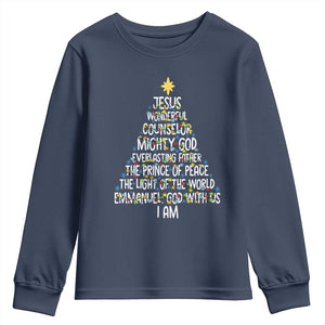 Christian Christmas Youth Sweatshirt Jesus Wonderful Counselor Mighty God Xmas Tree TS11 Navy Print Your Wear