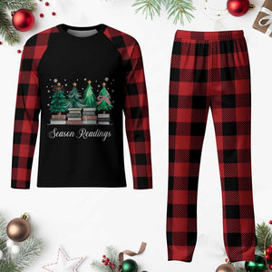 Funny Christmas Book Plaid Pajama Set Season Readings Xmas Tree Bookworm Teacher Librarian - Print Your Wear