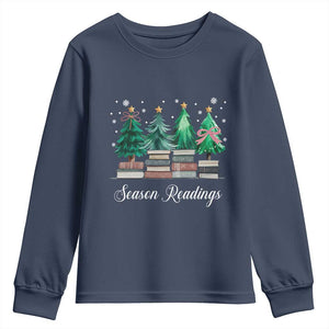 Funny Christmas Book Youth Sweatshirt Season Readings Xmas Tree Bookworm Teacher Librarian TS11 Navy Print Your Wear