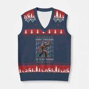 Merry Xmas Ya Filthy Humans Bigfoot V-Neck Knit Sweater Vest Funny Xmas Sasquatch TS11 Navy Red Print Your Wear