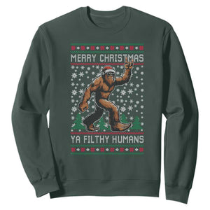 Merry Christmas Ya Filthy Humans Bigfoot Sweatshirt Funny Xmas Sasquatch TS11 Dark Forest Green Print Your Wear