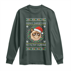 Merry Christmas Ya Filthy Humans Cat Long Sleeve Shirt Funny Xmas Grumpy Cat TS11 Dark Forest Green Print Your Wear