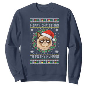 Merry Christmas Ya Filthy Humans Cat Sweatshirt Funny Xmas Grumpy Cat TS11 Navy Print Your Wear