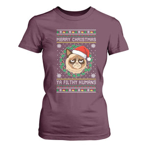 Merry Christmas Ya Filthy Humans Cat T Shirt For Women Funny Xmas Grumpy Cat TS11 Maroon Print Your Wear