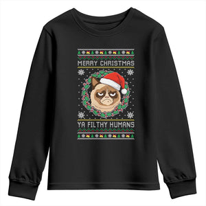 Merry Christmas Ya Filthy Humans Cat Youth Sweatshirt Funny Xmas Grumpy Cat TS11 Black Print Your Wear