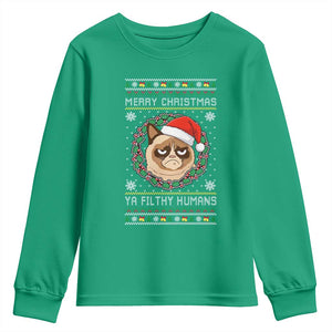 Merry Christmas Ya Filthy Humans Cat Youth Sweatshirt Funny Xmas Grumpy Cat TS11 Irish Green Print Your Wear