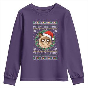 Merry Christmas Ya Filthy Humans Cat Youth Sweatshirt Funny Xmas Grumpy Cat TS11 Purple Print Your Wear