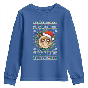 Merry Christmas Ya Filthy Humans Cat Youth Sweatshirt Funny Xmas Grumpy Cat TS11 Royal Blue Print Your Wear