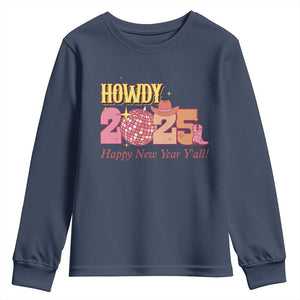 Howdy 2025 Youth Sweatshirt Happy New Year Y'all Sparkling Cowgirl TS11 Navy Print Your Wear