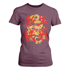 Happy Chinese New Year 2025 T Shirt For Women Calligraphy Year Of The Snake Golden Flowers TS11 Maroon Print Your Wear
