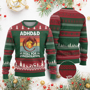 ADHD&D Roll For Concentration Ugly Christmas Sweater Funny RPG Gamer D20 Tabletop Dice TS11 Red Green Print Your Wear