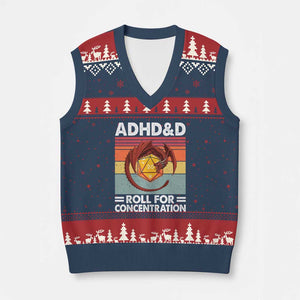 ADHD&D Roll For Concentration V-Neck Knit Sweater Vest Funny RPG Gamer D20 Tabletop Dice TS11 Navy Red Print Your Wear