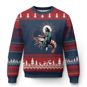 Funny Christian Prawn Ugly Christmas Sweater Retro Jesus Riding A Shrimp Meme TS11 Navy Red Print Your Wear