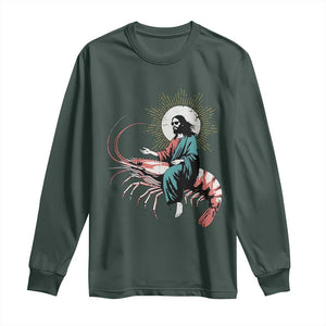 Funny Christian Prawn Long Sleeve Shirt Retro Jesus Riding A Shrimp Meme TS11 Dark Forest Green Print Your Wear