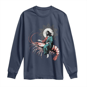 Funny Christian Prawn Long Sleeve Shirt Retro Jesus Riding A Shrimp Meme TS11 Navy Print Your Wear