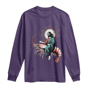 Funny Christian Prawn Long Sleeve Shirt Retro Jesus Riding A Shrimp Meme TS11 Purple Print Your Wear