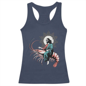 Funny Christian Prawn Racerback Tank Top Retro Jesus Riding A Shrimp Meme TS11 Navy Print Your Wear